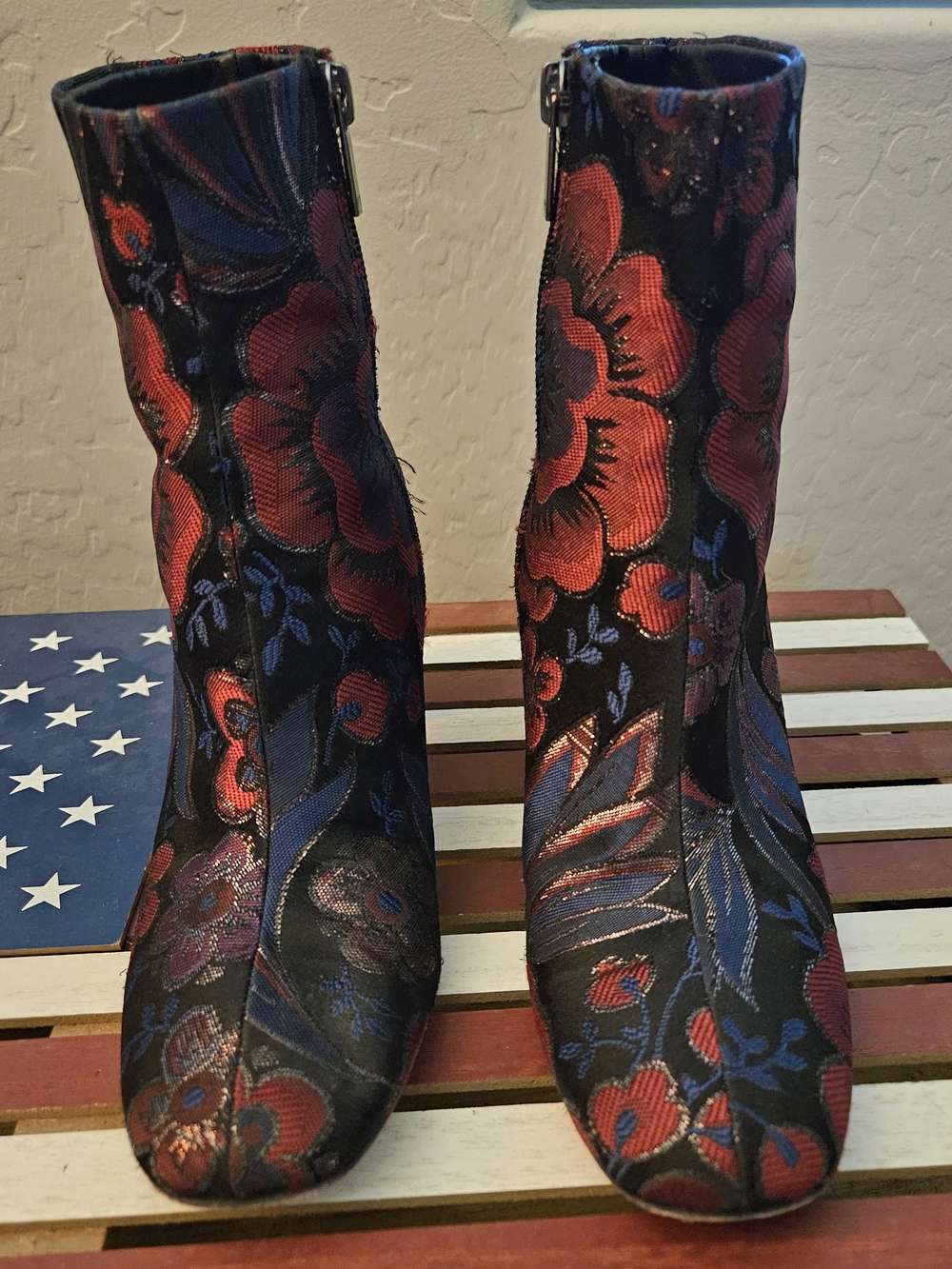 Marc Fisher Black Floral Brocade Heeled Boots with Red and Blue Accents